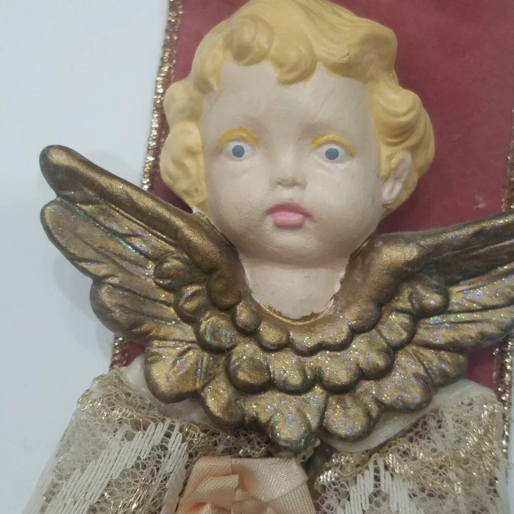 Vintage 2 Garland and 1 Ornament Ceramic Angels on Pink Velvet RibbonPink V